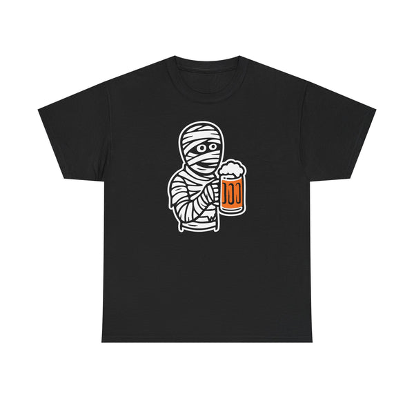 Funny Halloween Mummy Unisex Heavy Cotton Tee with Beer Drinking Design