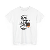 Funny Halloween Mummy Unisex Heavy Cotton Tee with Beer Drinking Design