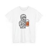 Funny Halloween Mummy Unisex Heavy Cotton Tee with Beer Drinking Design
