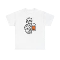 Funny Halloween Mummy Unisex Heavy Cotton Tee with Beer Drinking Design