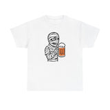 Funny Halloween Mummy Unisex Heavy Cotton Tee with Beer Drinking Design