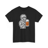 Funny Halloween Mummy Unisex Heavy Cotton Tee with Beer Drinking Design